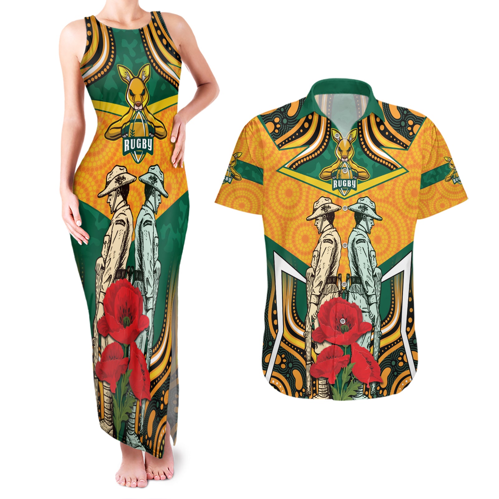 Australia Wallabies Rugby ANZAC Custom Couples Matching Tank Maxi Dress and Hawaiian Shirt Poppy Soldier With Aboriginal Dots Art
