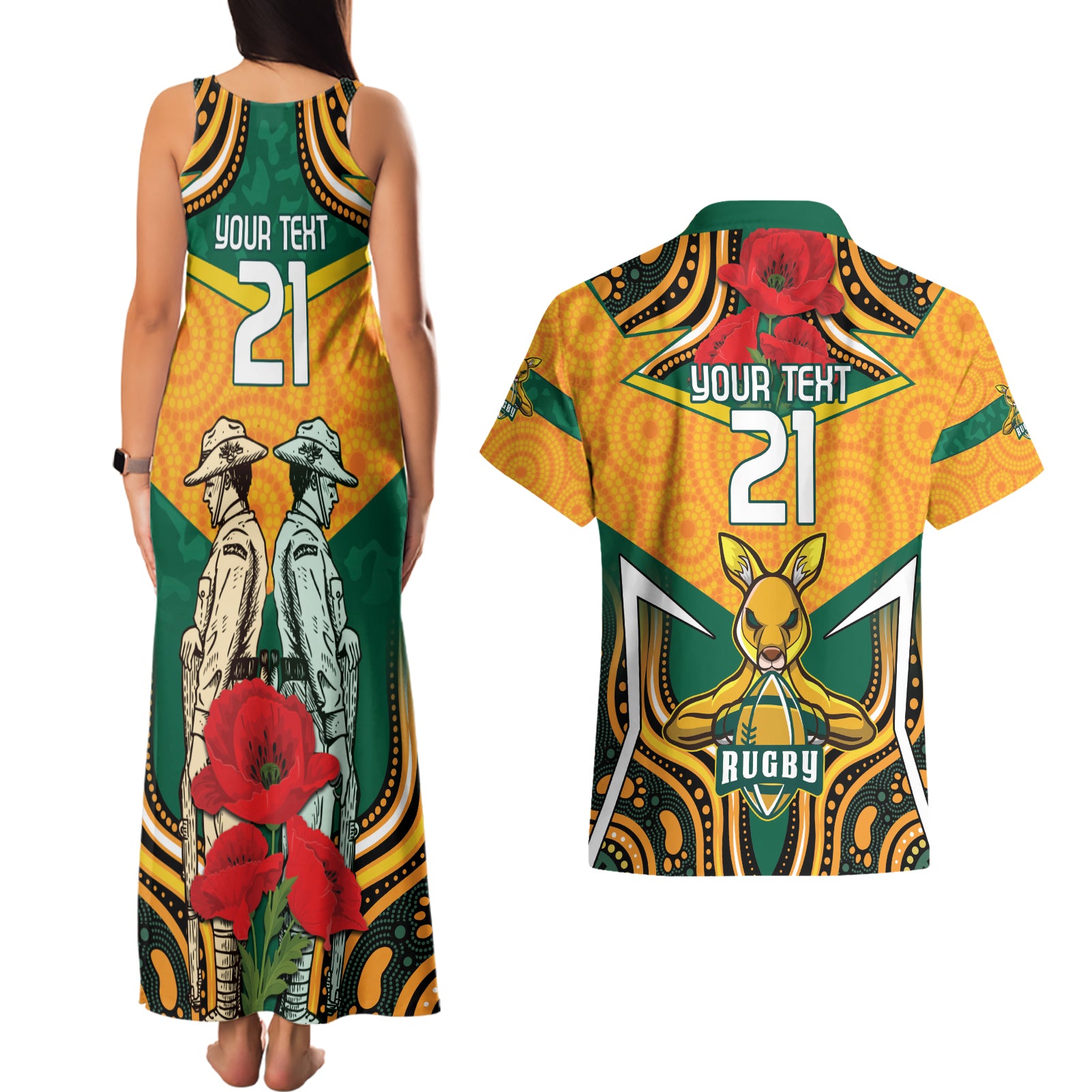 Australia Wallabies Rugby ANZAC Custom Couples Matching Tank Maxi Dress and Hawaiian Shirt Poppy Soldier With Aboriginal Dots Art