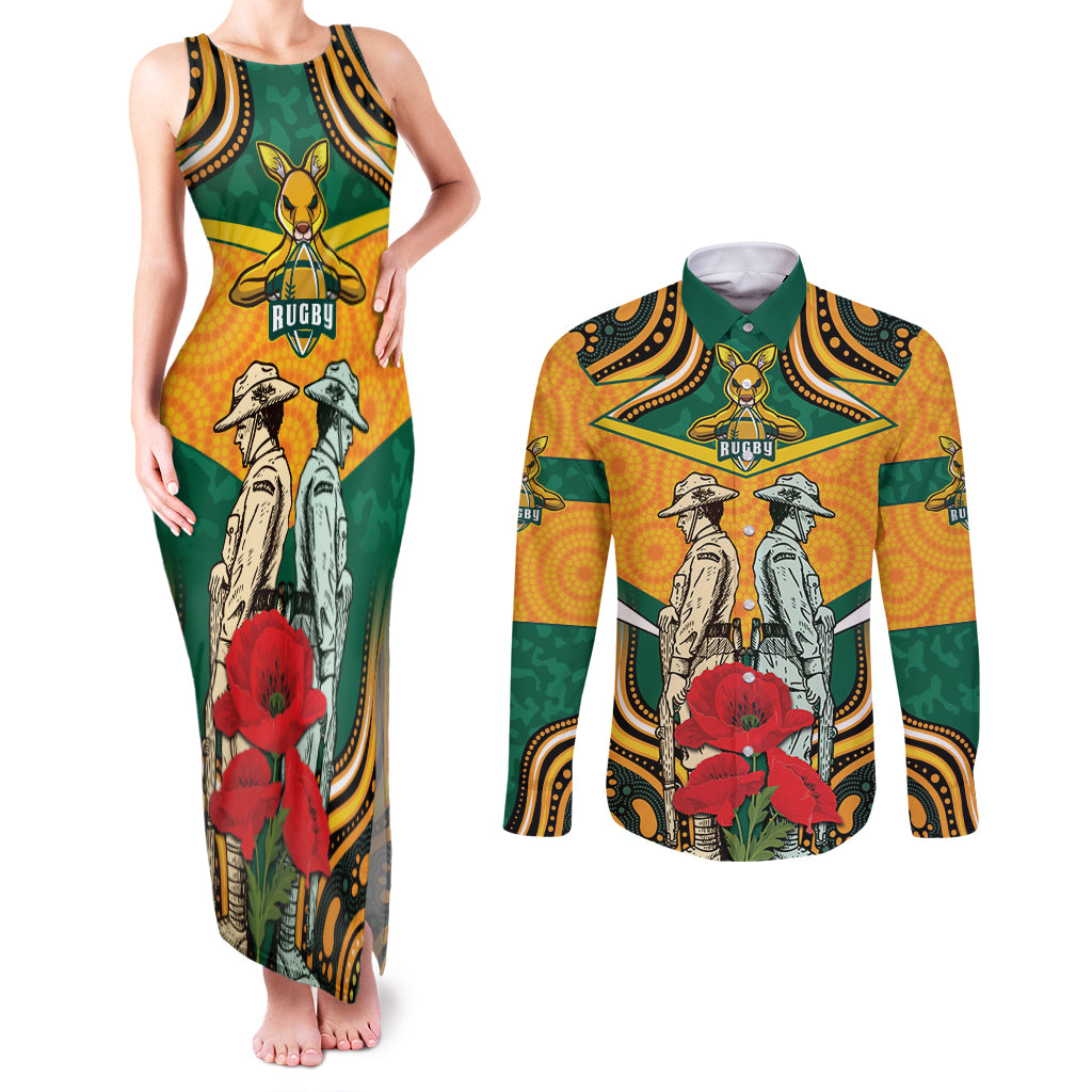 Australia Wallabies Rugby ANZAC Custom Couples Matching Tank Maxi Dress and Long Sleeve Button Shirt Poppy Soldier With Aboriginal Dots Art