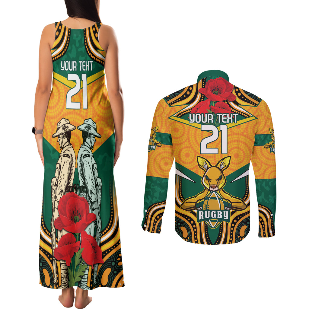 Australia Wallabies Rugby ANZAC Custom Couples Matching Tank Maxi Dress and Long Sleeve Button Shirt Poppy Soldier With Aboriginal Dots Art