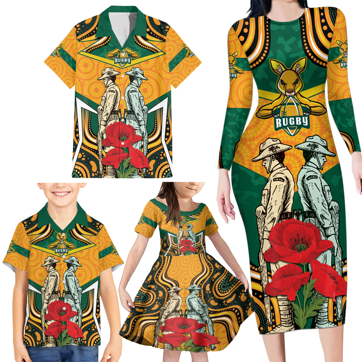 Australia Wallabies Rugby ANZAC Custom Family Matching Long Sleeve Bodycon Dress and Hawaiian Shirt Poppy Soldier With Aboriginal Dots Art