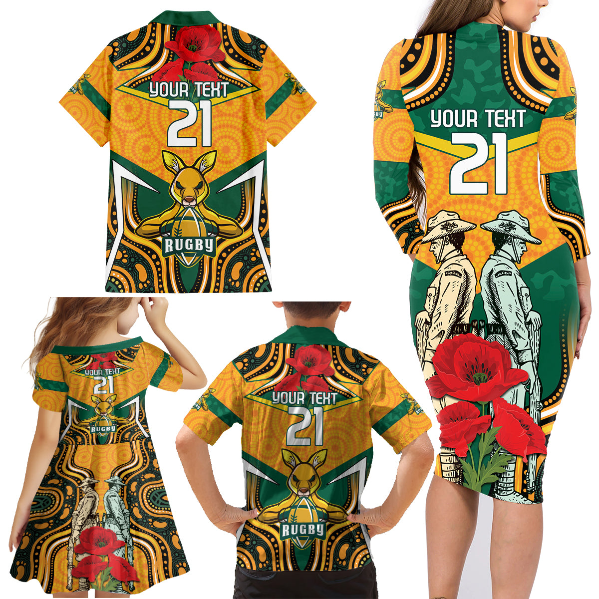Australia Wallabies Rugby ANZAC Custom Family Matching Long Sleeve Bodycon Dress and Hawaiian Shirt Poppy Soldier With Aboriginal Dots Art