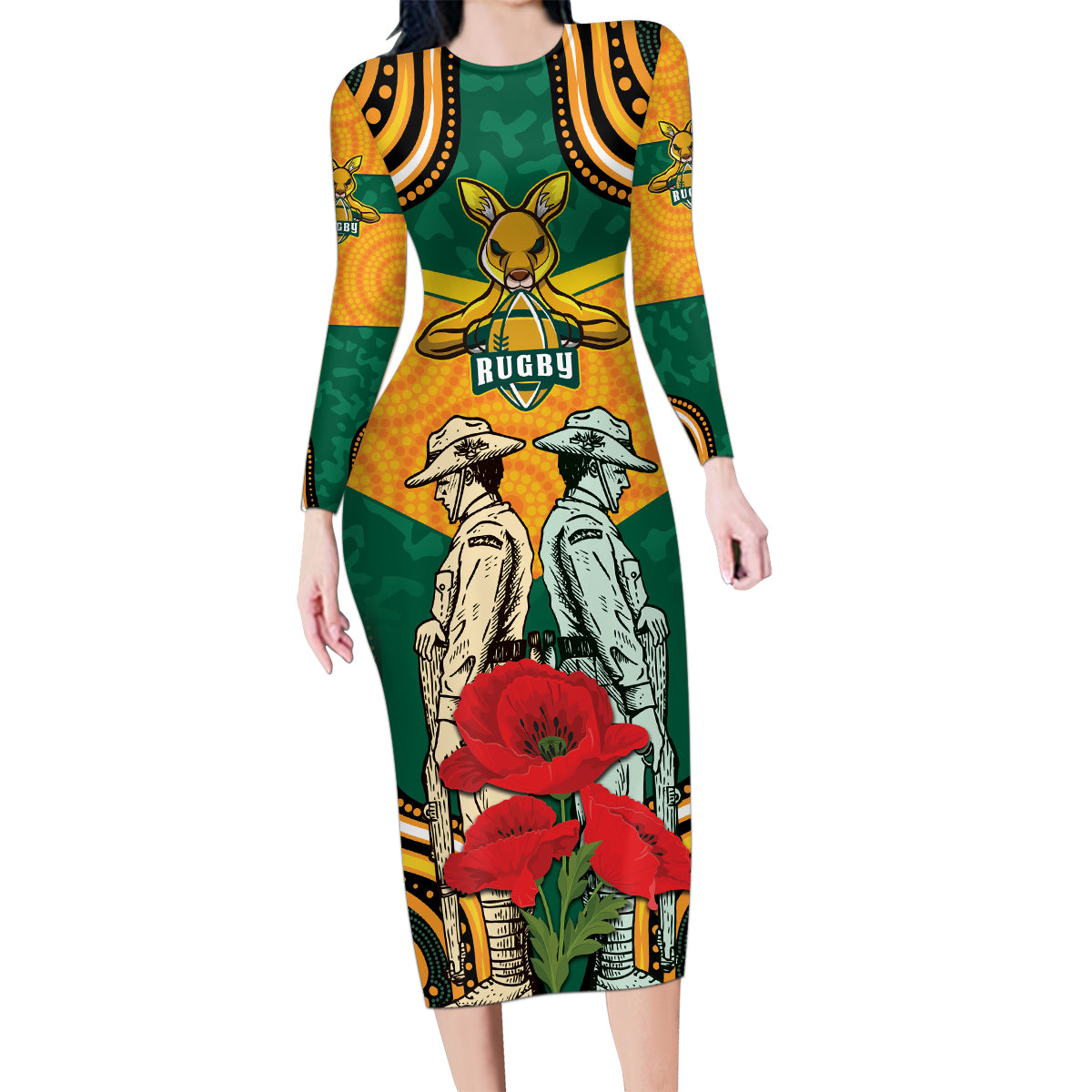 Australia Wallabies Rugby ANZAC Custom Family Matching Long Sleeve Bodycon Dress and Hawaiian Shirt Poppy Soldier With Aboriginal Dots Art