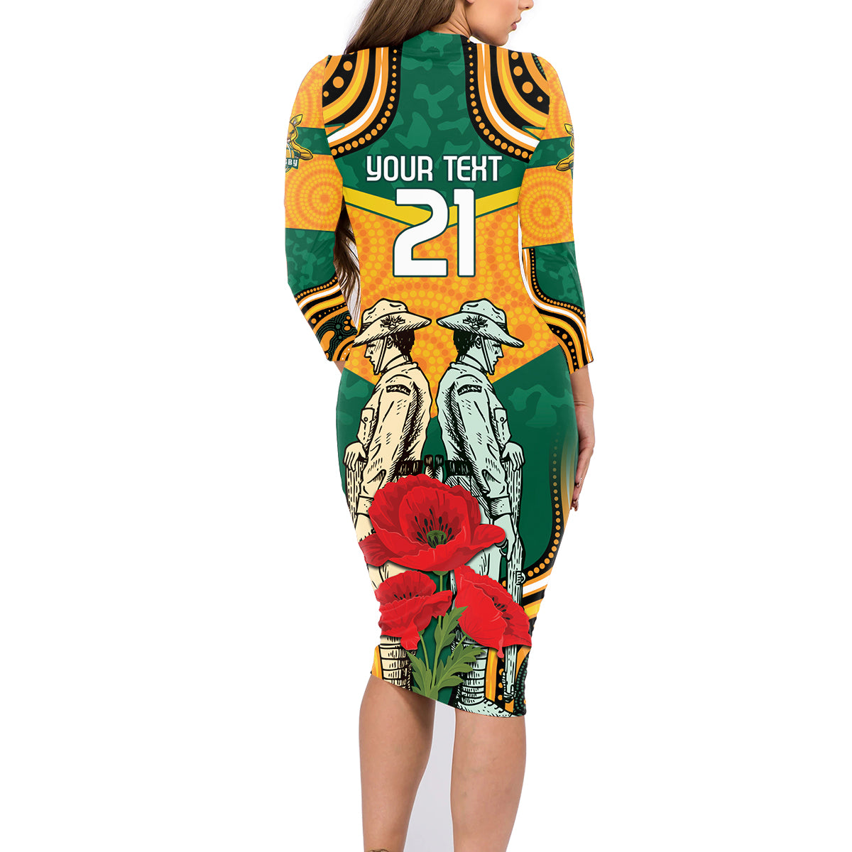 Australia Wallabies Rugby ANZAC Custom Family Matching Long Sleeve Bodycon Dress and Hawaiian Shirt Poppy Soldier With Aboriginal Dots Art