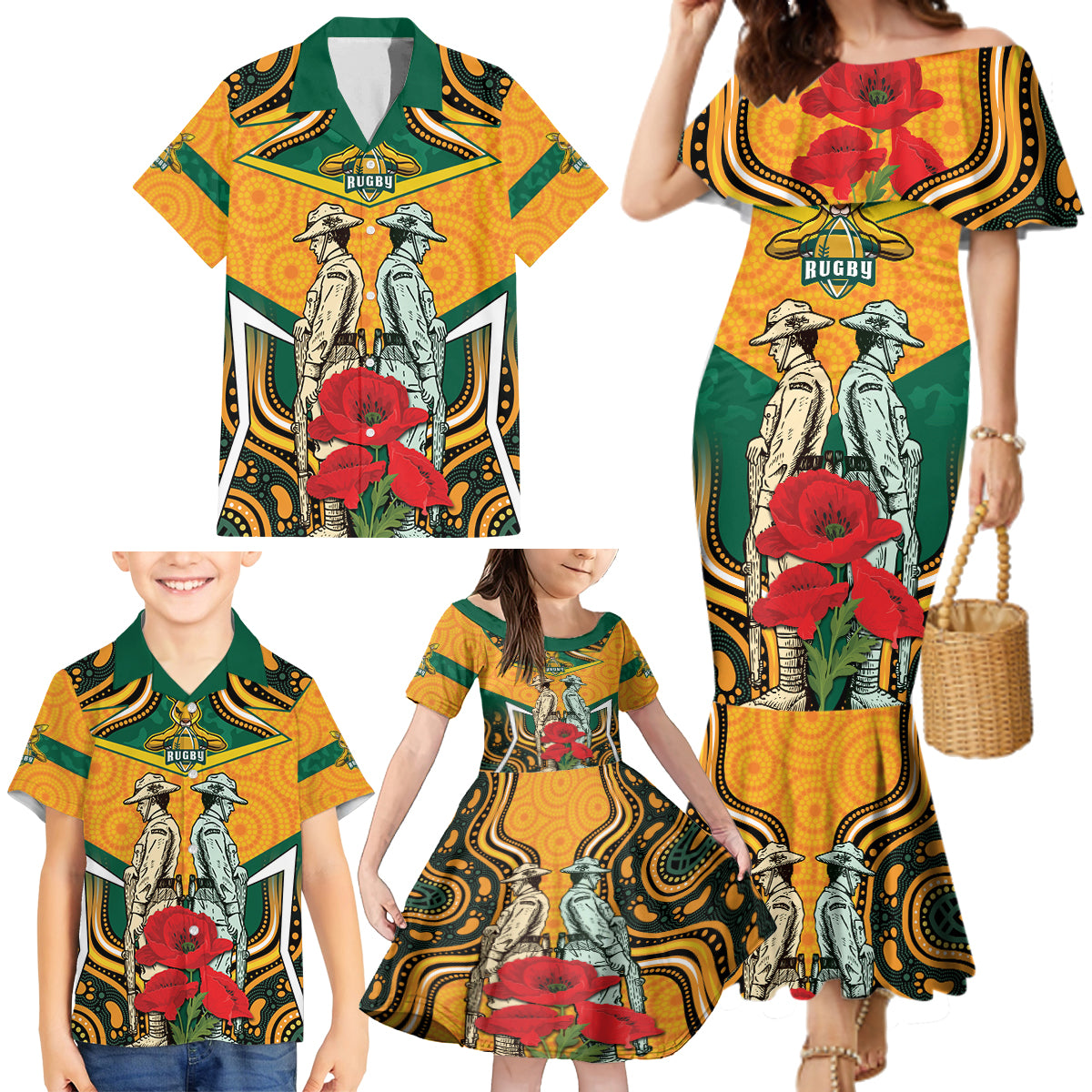 Australia Wallabies Rugby ANZAC Custom Family Matching Mermaid Dress and Hawaiian Shirt Poppy Soldier With Aboriginal Dots Art