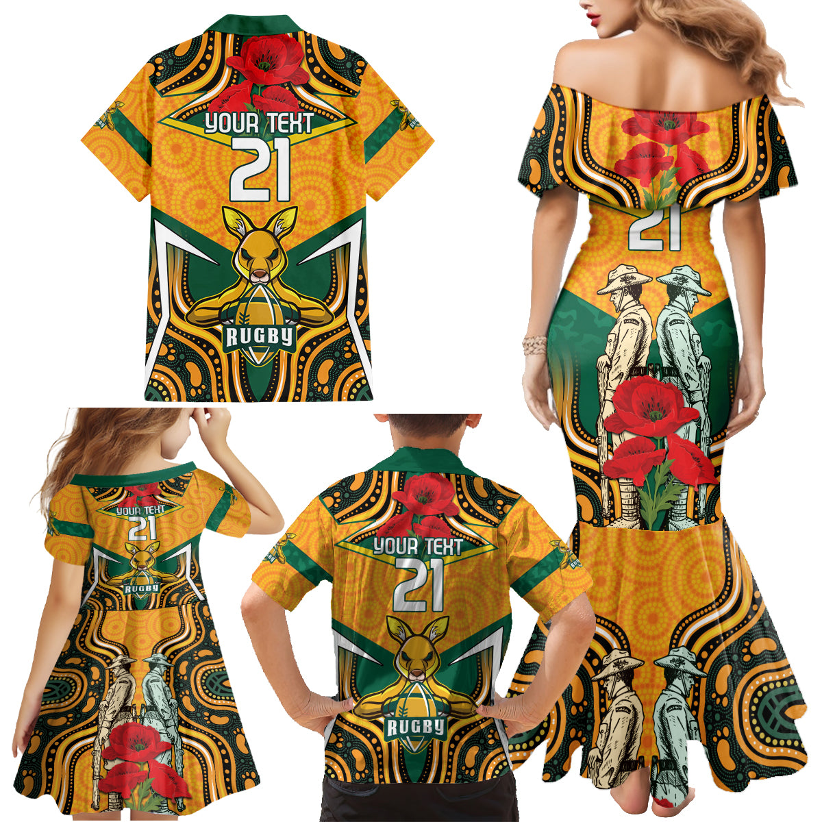 Australia Wallabies Rugby ANZAC Custom Family Matching Mermaid Dress and Hawaiian Shirt Poppy Soldier With Aboriginal Dots Art
