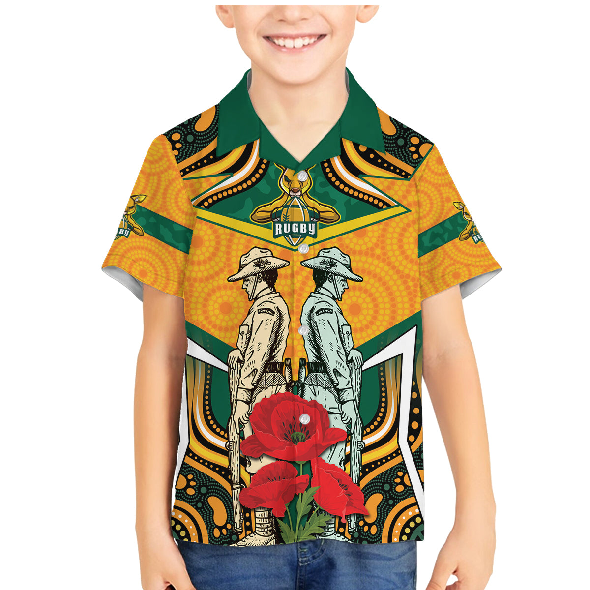 Australia Wallabies Rugby ANZAC Custom Family Matching Mermaid Dress and Hawaiian Shirt Poppy Soldier With Aboriginal Dots Art