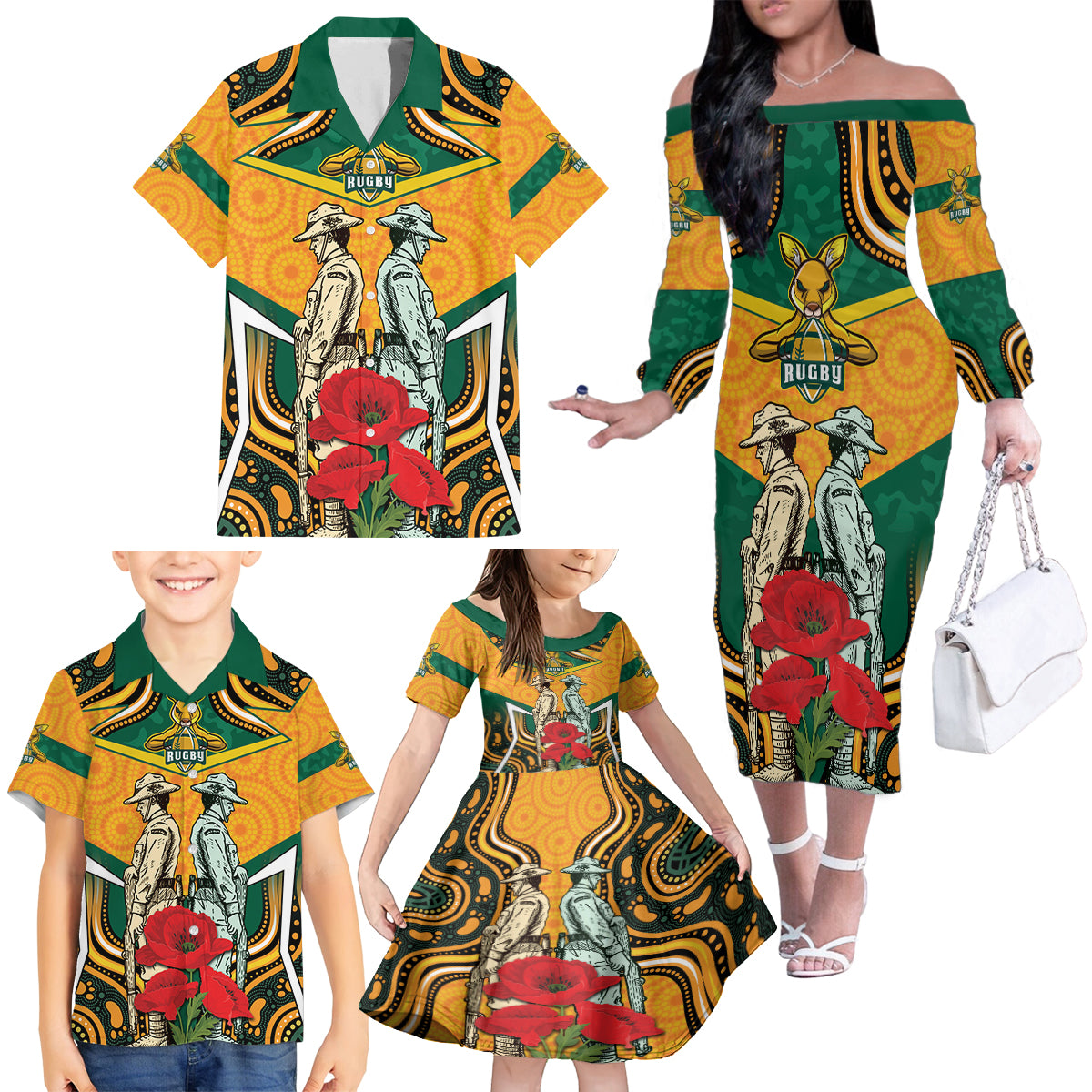 Australia Wallabies Rugby ANZAC Custom Family Matching Off Shoulder Long Sleeve Dress and Hawaiian Shirt Poppy Soldier With Aboriginal Dots Art