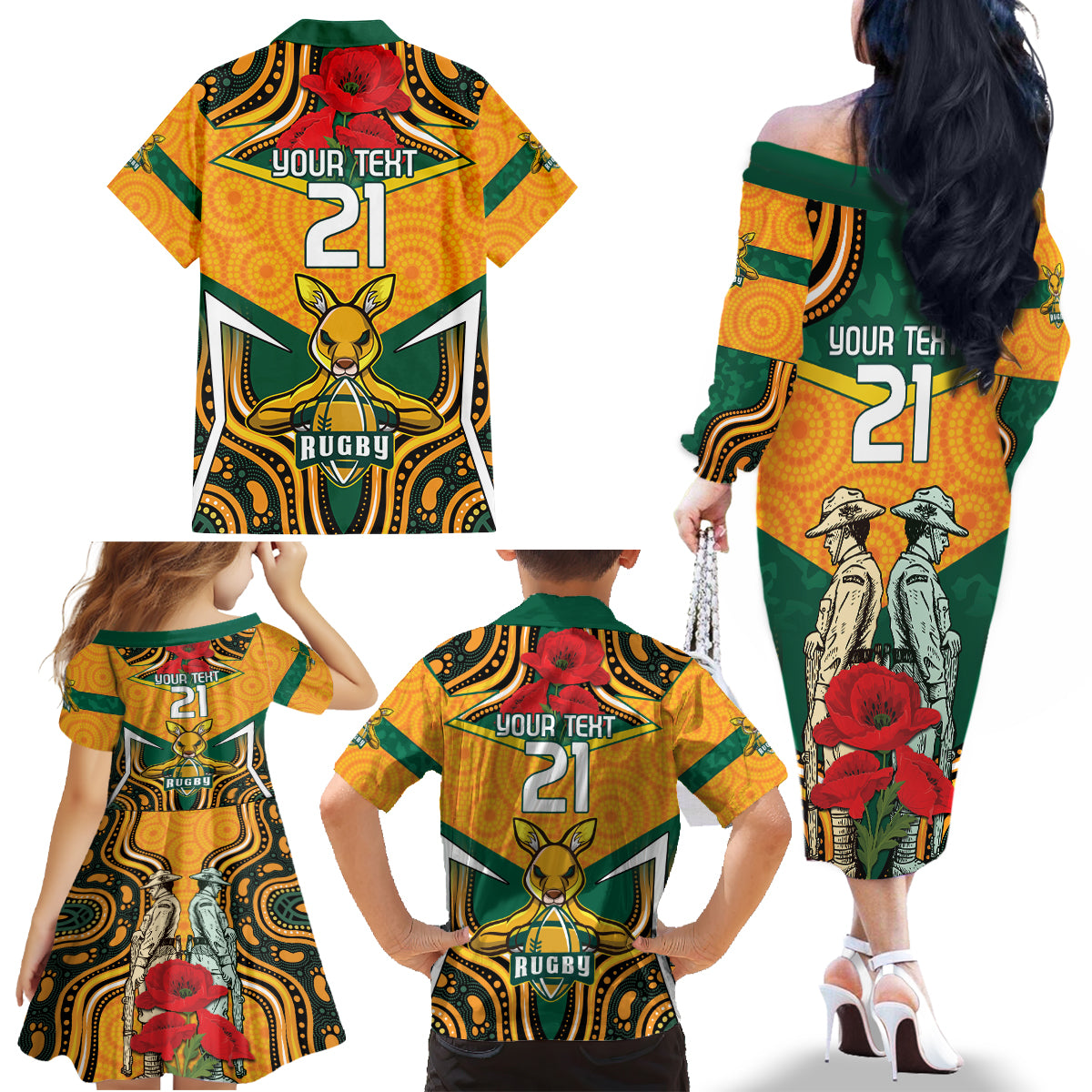 Australia Wallabies Rugby ANZAC Custom Family Matching Off Shoulder Long Sleeve Dress and Hawaiian Shirt Poppy Soldier With Aboriginal Dots Art