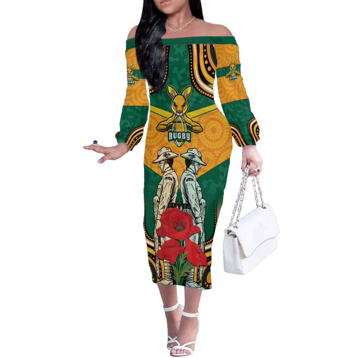 Australia Wallabies Rugby ANZAC Custom Family Matching Off Shoulder Long Sleeve Dress and Hawaiian Shirt Poppy Soldier With Aboriginal Dots Art