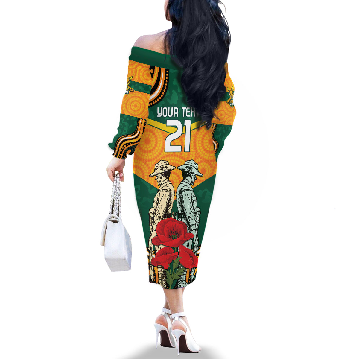Australia Wallabies Rugby ANZAC Custom Family Matching Off Shoulder Long Sleeve Dress and Hawaiian Shirt Poppy Soldier With Aboriginal Dots Art