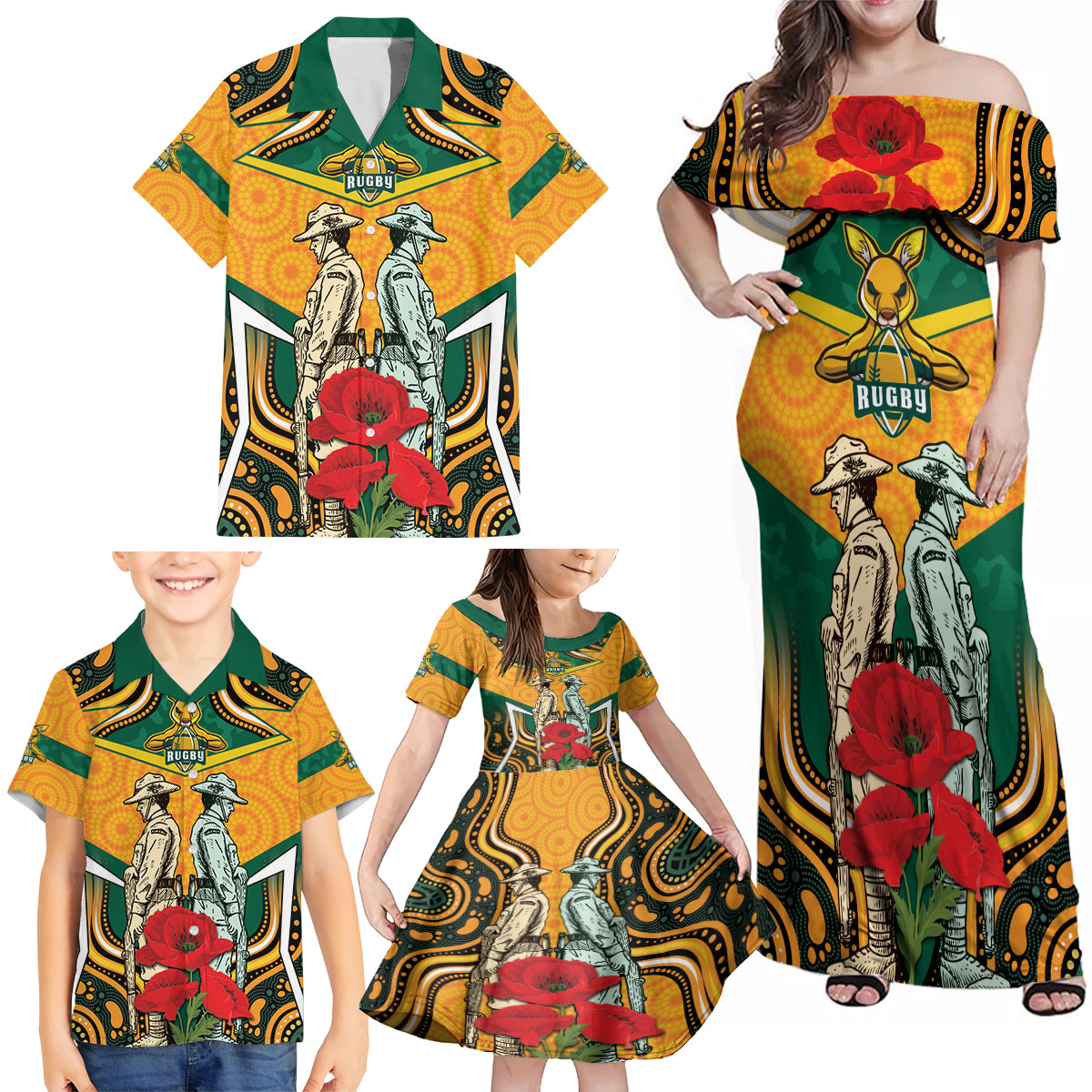 Australia Wallabies Rugby ANZAC Custom Family Matching Off Shoulder Maxi Dress and Hawaiian Shirt Poppy Soldier With Aboriginal Dots Art