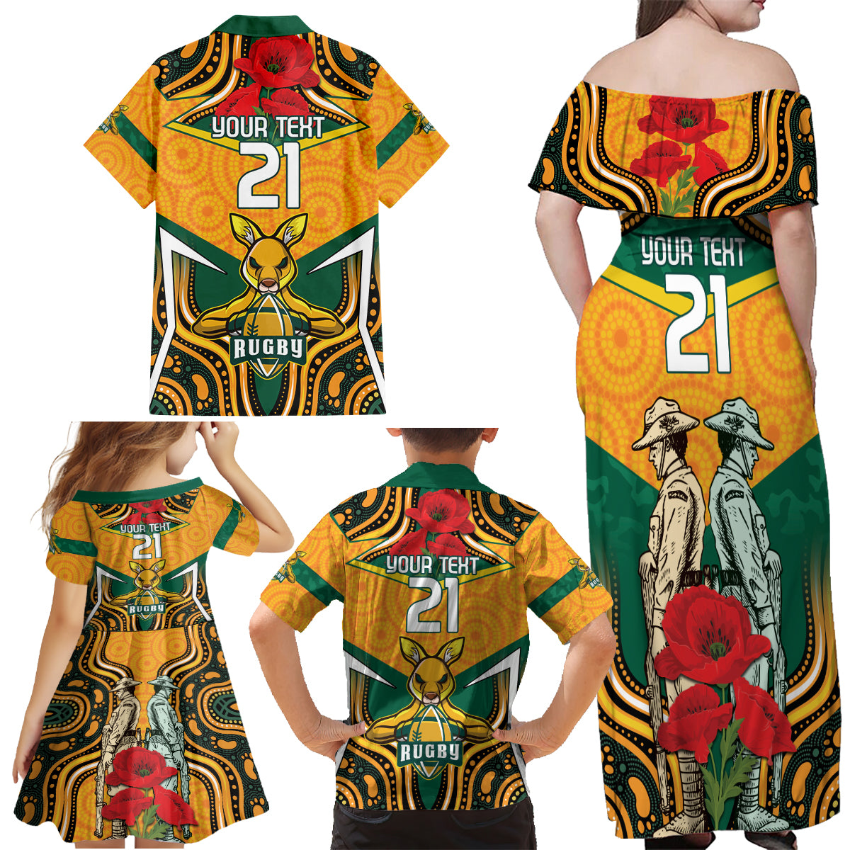 Australia Wallabies Rugby ANZAC Custom Family Matching Off Shoulder Maxi Dress and Hawaiian Shirt Poppy Soldier With Aboriginal Dots Art