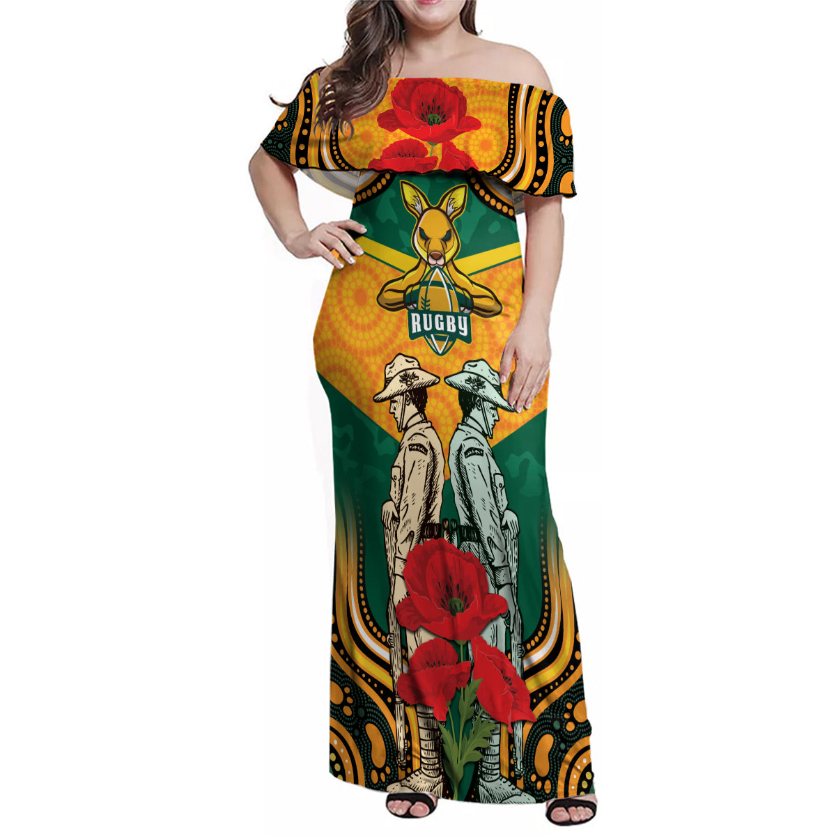 Australia Wallabies Rugby ANZAC Custom Family Matching Off Shoulder Maxi Dress and Hawaiian Shirt Poppy Soldier With Aboriginal Dots Art