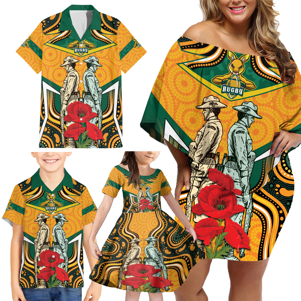 Australia Wallabies Rugby ANZAC Custom Family Matching Off Shoulder Short Dress and Hawaiian Shirt Poppy Soldier With Aboriginal Dots Art