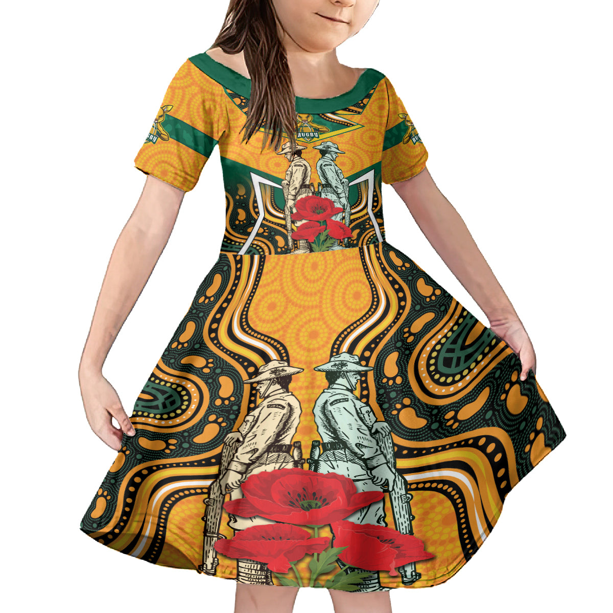 Australia Wallabies Rugby ANZAC Custom Family Matching Off Shoulder Short Dress and Hawaiian Shirt Poppy Soldier With Aboriginal Dots Art