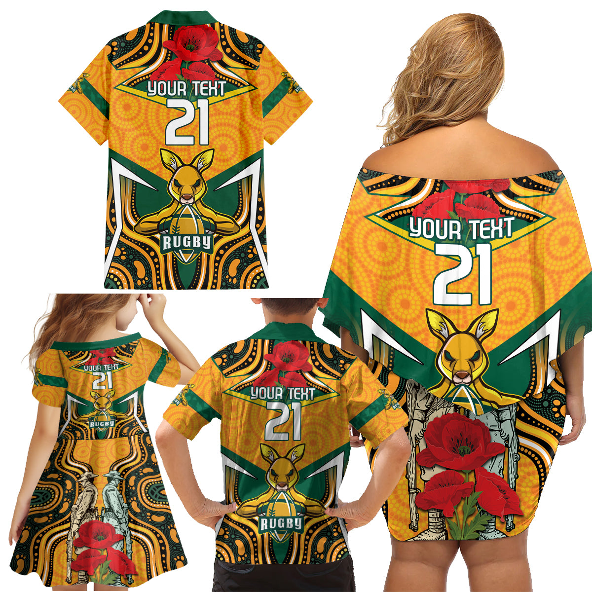 Australia Wallabies Rugby ANZAC Custom Family Matching Off Shoulder Short Dress and Hawaiian Shirt Poppy Soldier With Aboriginal Dots Art