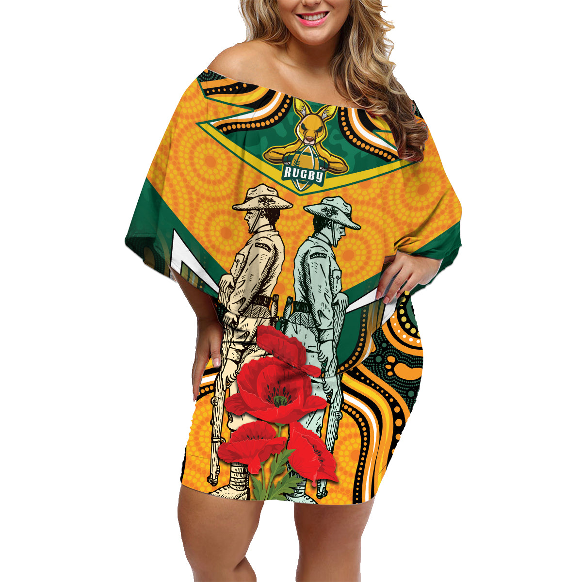 Australia Wallabies Rugby ANZAC Custom Family Matching Off Shoulder Short Dress and Hawaiian Shirt Poppy Soldier With Aboriginal Dots Art