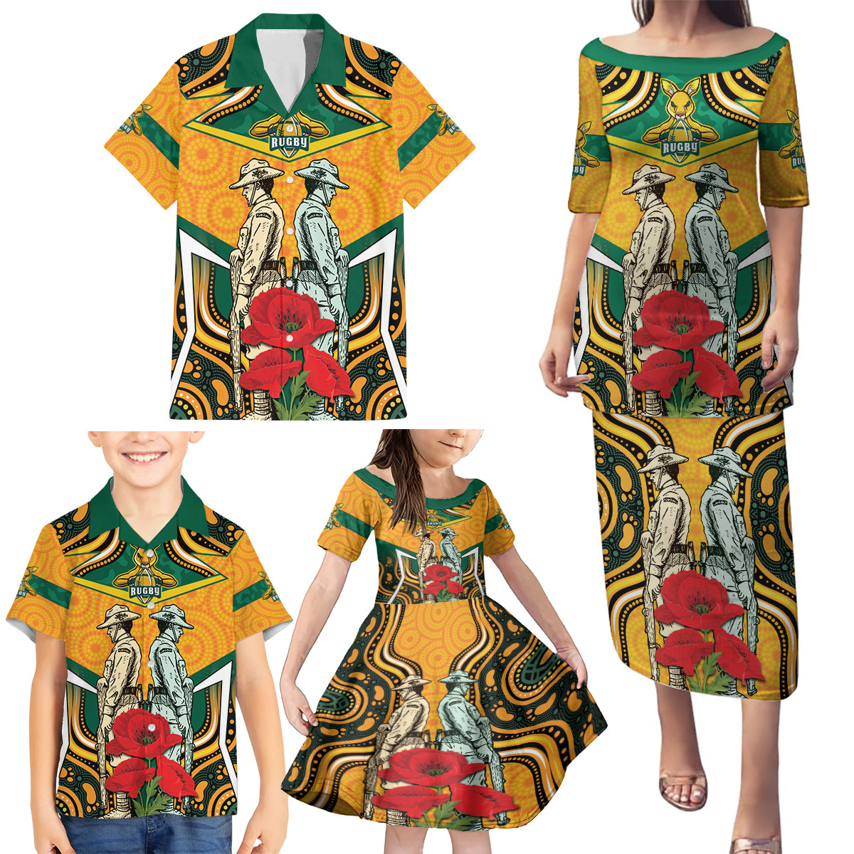 Australia Wallabies Rugby ANZAC Custom Family Matching Puletasi and Hawaiian Shirt Poppy Soldier With Aboriginal Dots Art