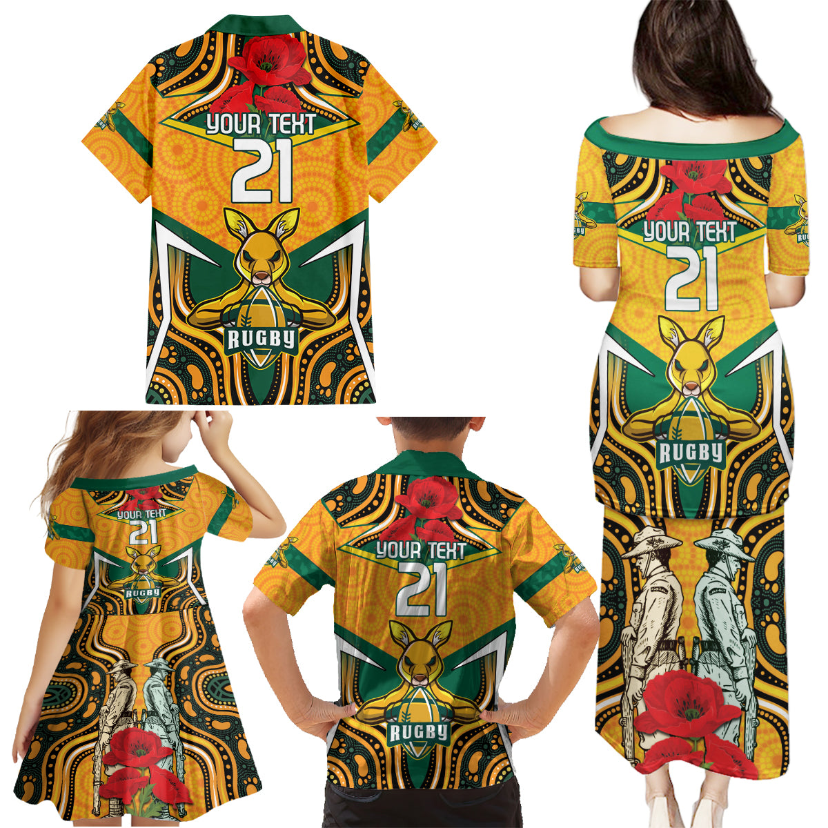 Australia Wallabies Rugby ANZAC Custom Family Matching Puletasi and Hawaiian Shirt Poppy Soldier With Aboriginal Dots Art