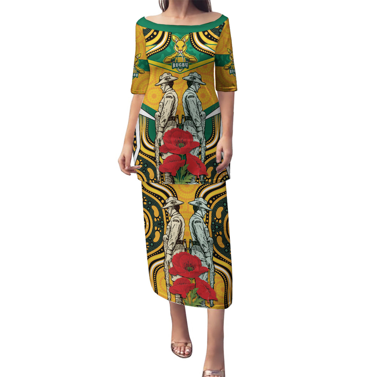 Australia Wallabies Rugby ANZAC Custom Family Matching Puletasi and Hawaiian Shirt Poppy Soldier With Aboriginal Dots Art