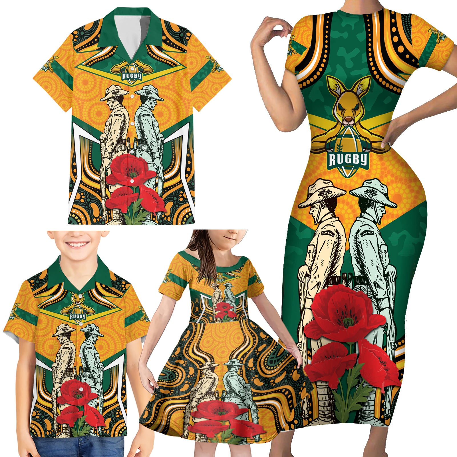 Australia Wallabies Rugby ANZAC Custom Family Matching Short Sleeve Bodycon Dress and Hawaiian Shirt Poppy Soldier With Aboriginal Dots Art