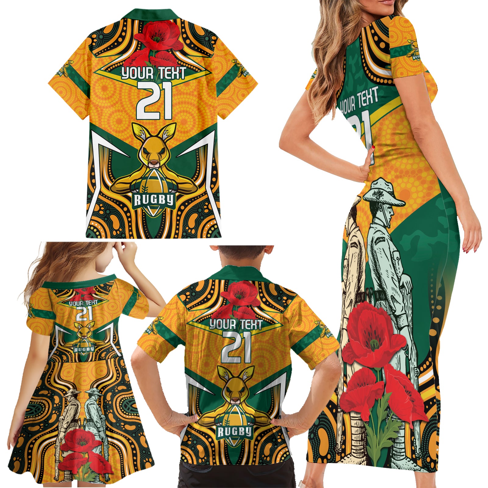 Australia Wallabies Rugby ANZAC Custom Family Matching Short Sleeve Bodycon Dress and Hawaiian Shirt Poppy Soldier With Aboriginal Dots Art