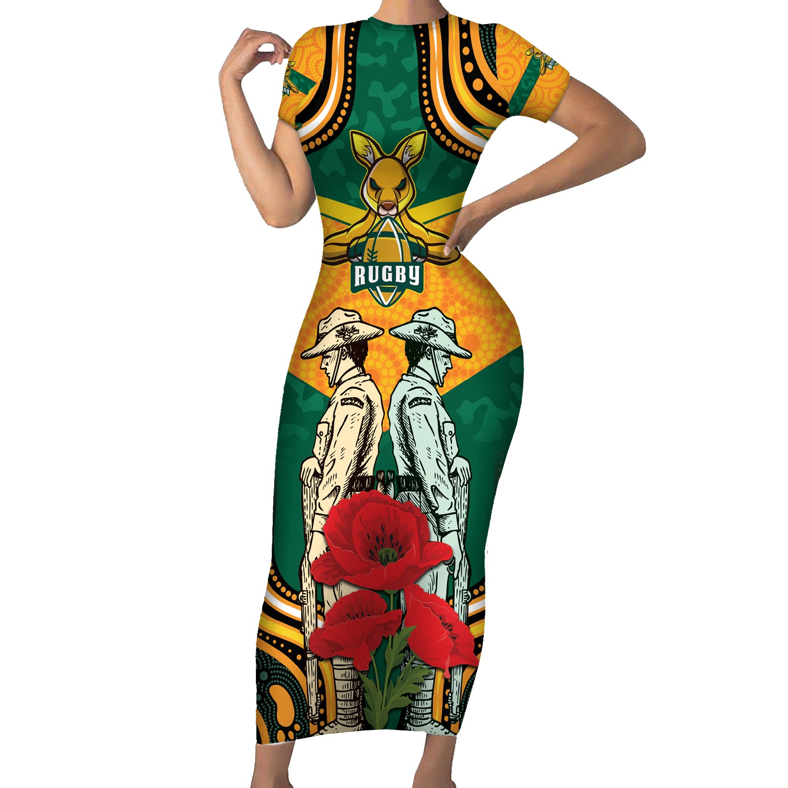 Australia Wallabies Rugby ANZAC Custom Family Matching Short Sleeve Bodycon Dress and Hawaiian Shirt Poppy Soldier With Aboriginal Dots Art