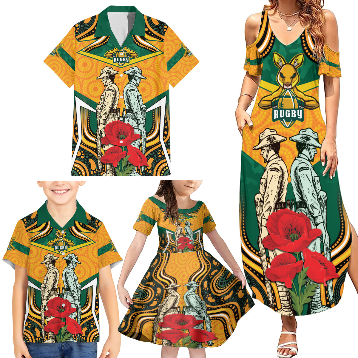 Australia Wallabies Rugby ANZAC Custom Family Matching Summer Maxi Dress and Hawaiian Shirt Poppy Soldier With Aboriginal Dots Art