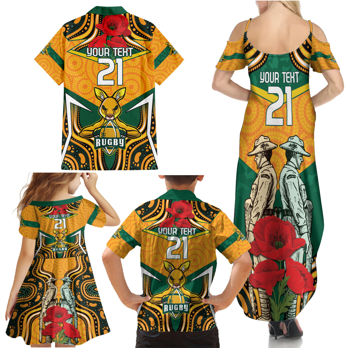 Australia Wallabies Rugby ANZAC Custom Family Matching Summer Maxi Dress and Hawaiian Shirt Poppy Soldier With Aboriginal Dots Art