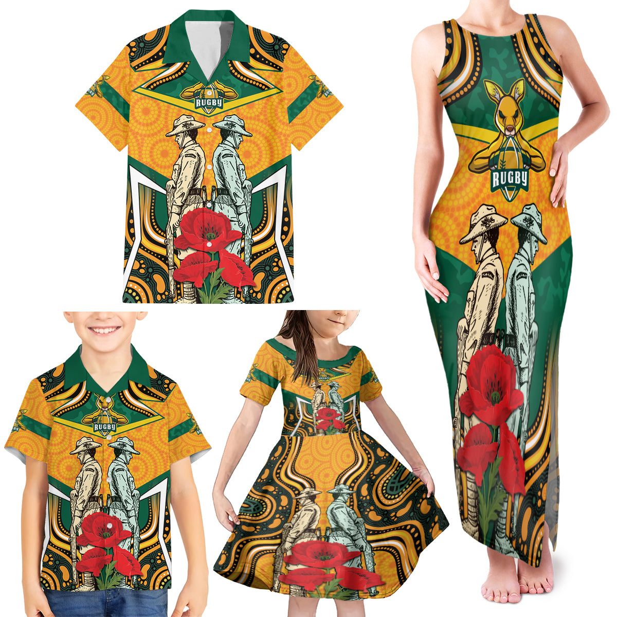 Australia Wallabies Rugby ANZAC Custom Family Matching Tank Maxi Dress and Hawaiian Shirt Poppy Soldier With Aboriginal Dots Art