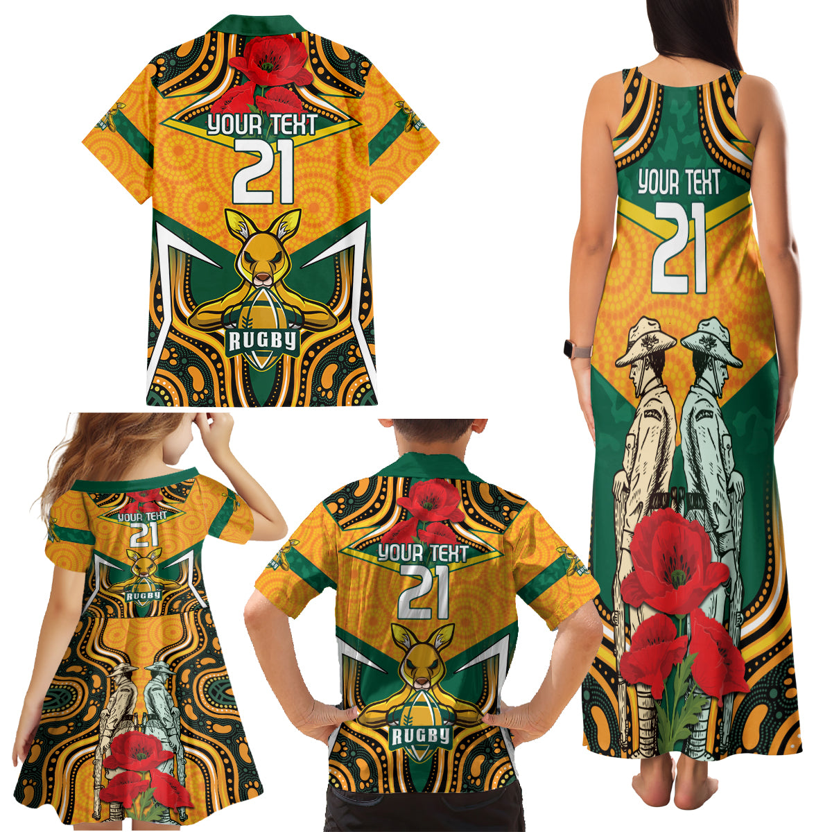 Australia Wallabies Rugby ANZAC Custom Family Matching Tank Maxi Dress and Hawaiian Shirt Poppy Soldier With Aboriginal Dots Art