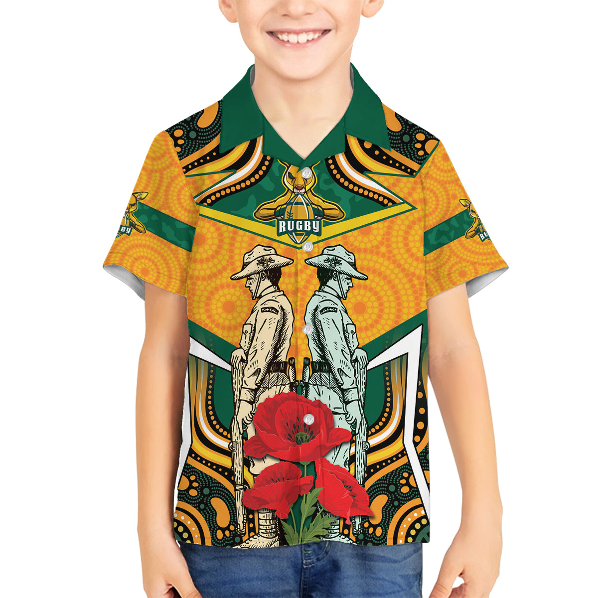 Australia Wallabies Rugby ANZAC Custom Family Matching Tank Maxi Dress and Hawaiian Shirt Poppy Soldier With Aboriginal Dots Art