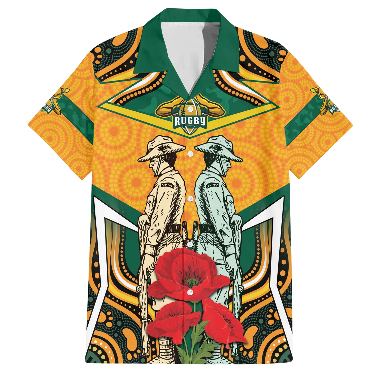 Australia Wallabies Rugby ANZAC Custom Hawaiian Shirt Poppy Soldier With Aboriginal Dots Art - Vibe Hoodie Shop