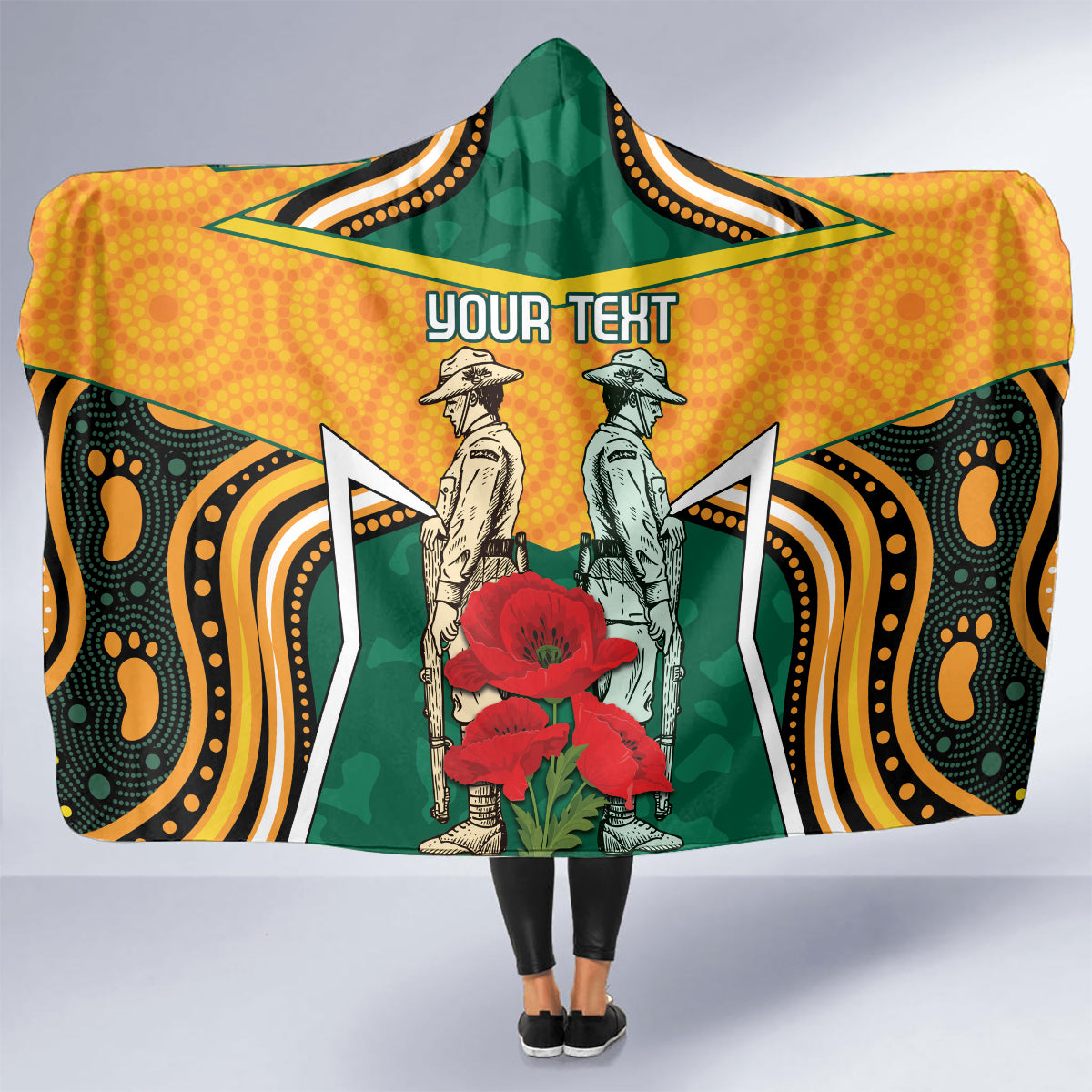 Australia Wallabies Rugby ANZAC Custom Hooded Blanket Poppy Soldier With Aboriginal Dots Art