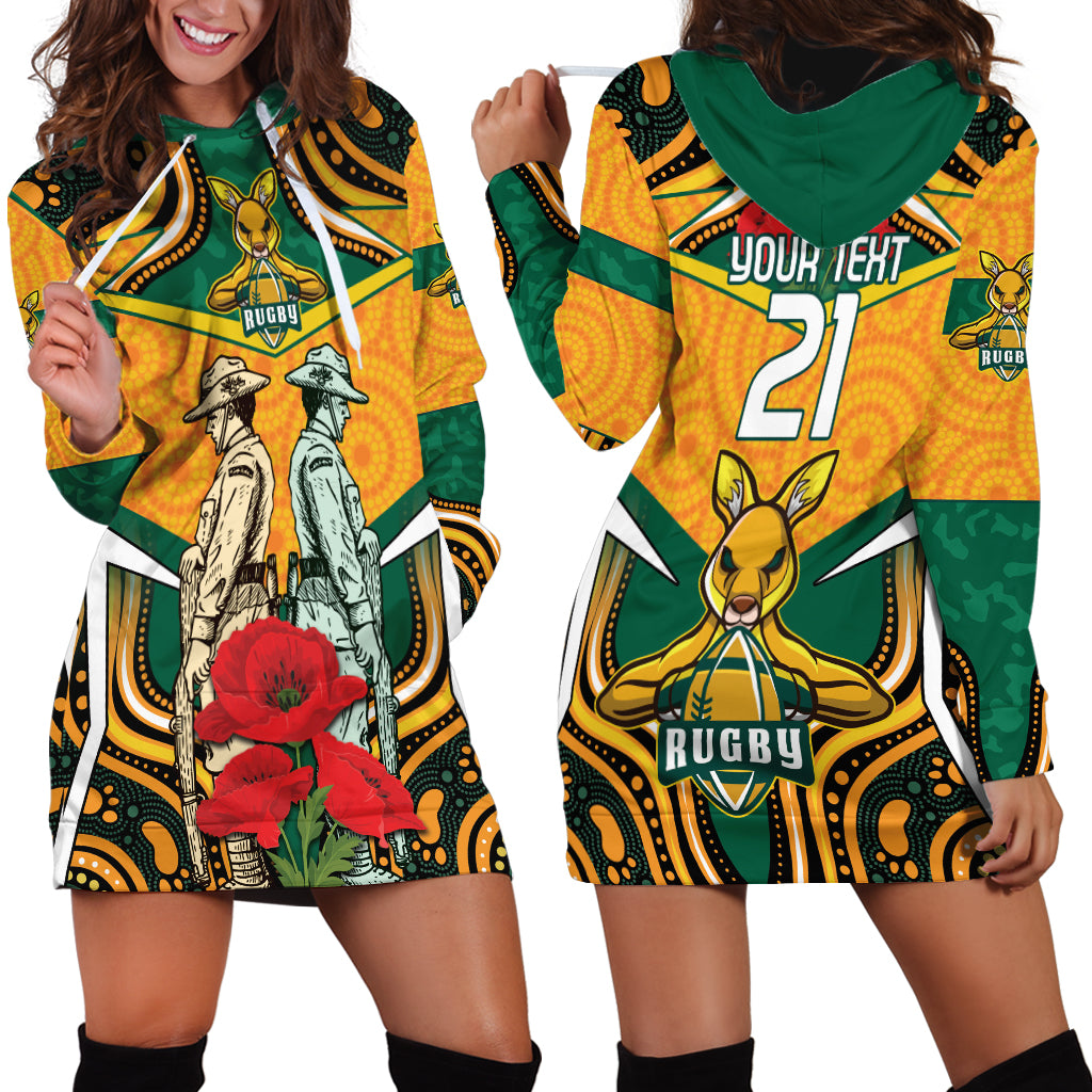 Australia Wallabies Rugby ANZAC Custom Hoodie Dress Poppy Soldier With Aboriginal Dots Art - Vibe Hoodie Shop