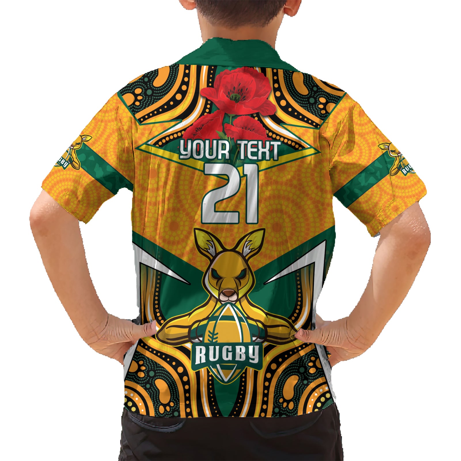 Australia Wallabies Rugby ANZAC Custom Kid Hawaiian Shirt Poppy Soldier With Aboriginal Dots Art