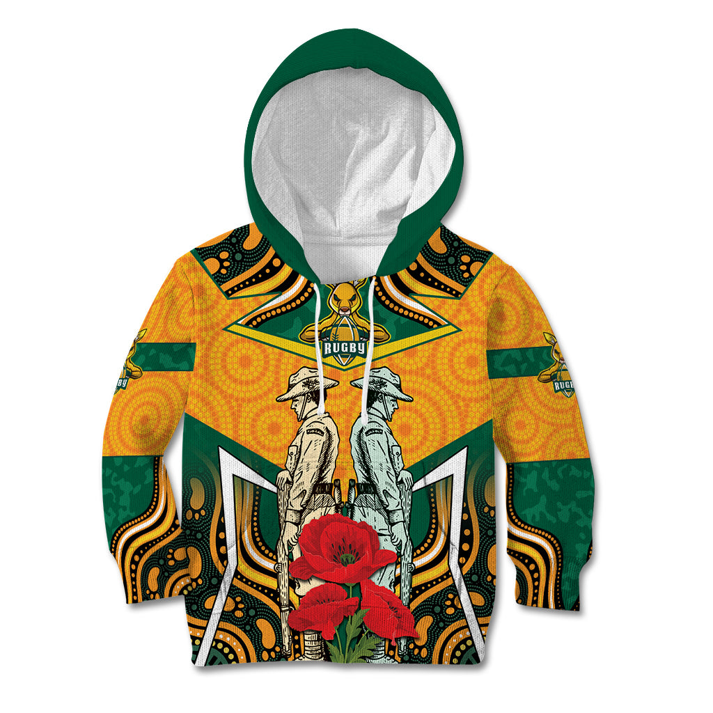 Australia Wallabies Rugby ANZAC Custom Kid Hoodie Poppy Soldier With Aboriginal Dots Art - Vibe Hoodie Shop