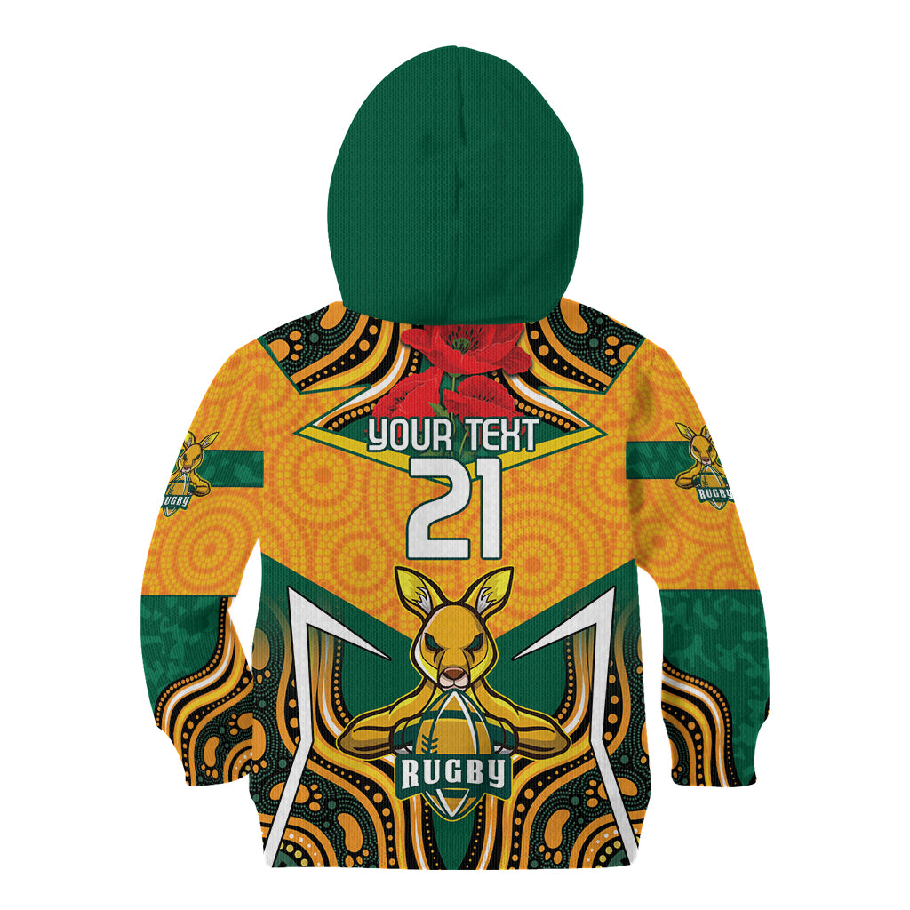 Australia Wallabies Rugby ANZAC Custom Kid Hoodie Poppy Soldier With Aboriginal Dots Art - Vibe Hoodie Shop