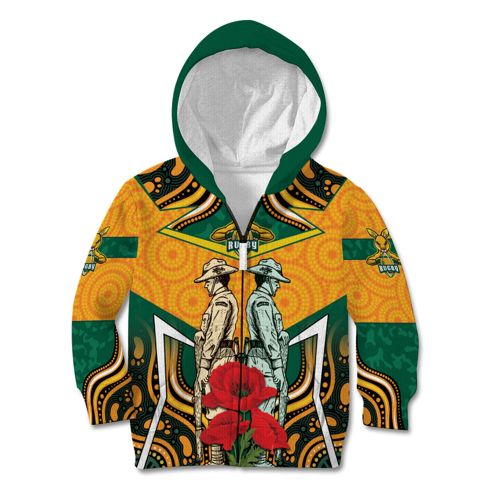Australia Wallabies Rugby ANZAC Custom Kid Hoodie Poppy Soldier With Aboriginal Dots Art - Vibe Hoodie Shop