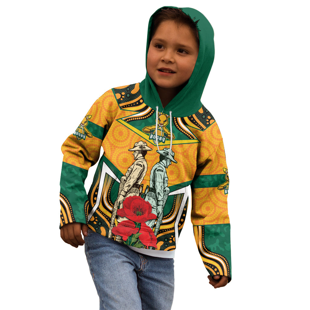 Australia Wallabies Rugby ANZAC Custom Kid Hoodie Poppy Soldier With Aboriginal Dots Art - Vibe Hoodie Shop