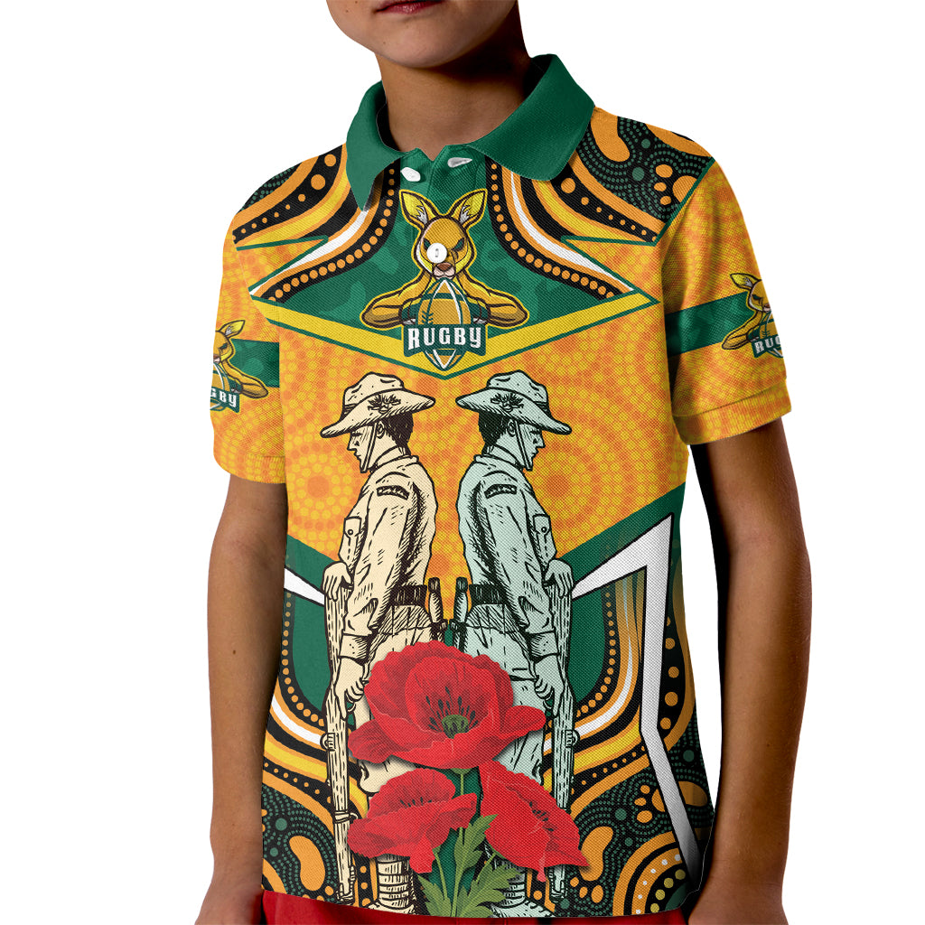 Australia Wallabies Rugby ANZAC Custom Kid Polo Shirt Poppy Soldier With Aboriginal Dots Art - Vibe Hoodie Shop