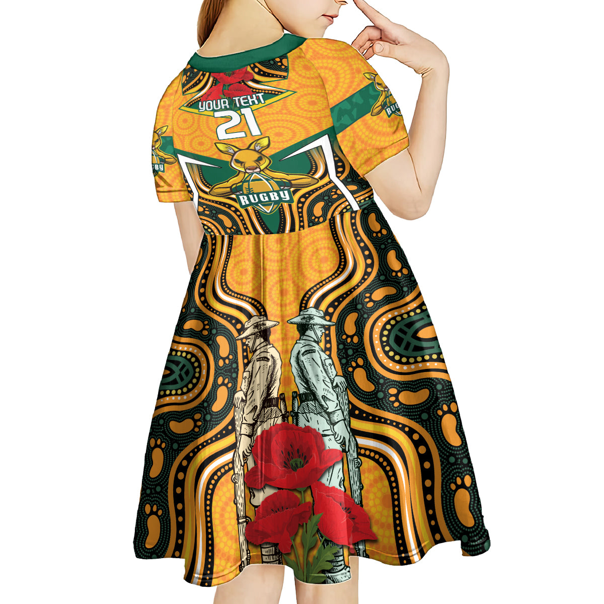 Australia Wallabies Rugby ANZAC Custom Kid Short Sleeve Dress Poppy Soldier With Aboriginal Dots Art - Vibe Hoodie Shop