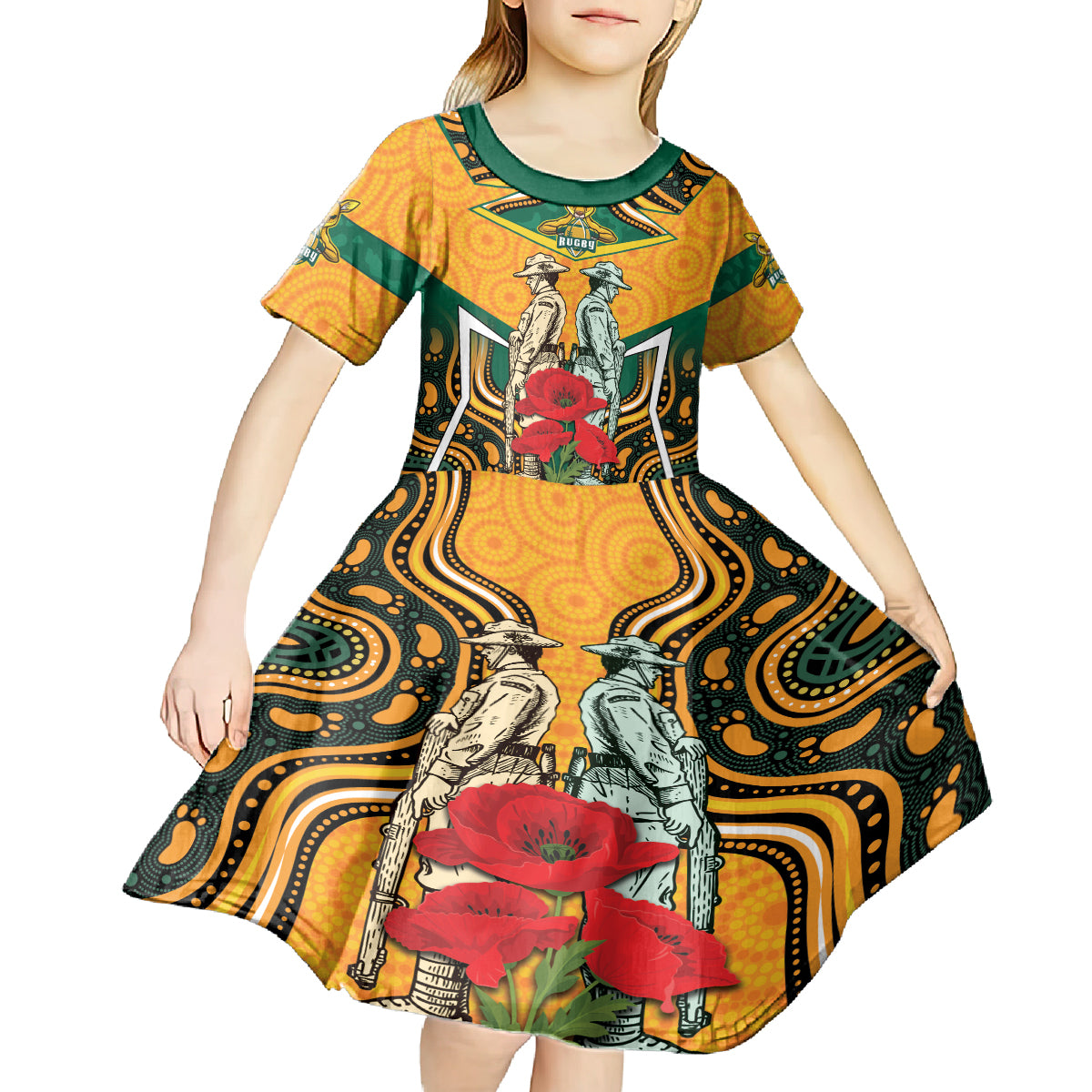 Australia Wallabies Rugby ANZAC Custom Kid Short Sleeve Dress Poppy Soldier With Aboriginal Dots Art - Vibe Hoodie Shop