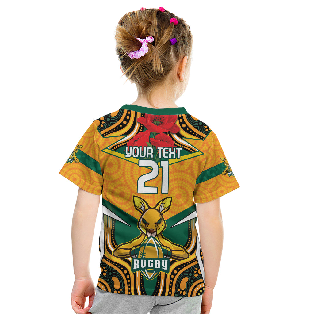 Australia Wallabies Rugby ANZAC Custom Kid T Shirt Poppy Soldier With Aboriginal Dots Art - Vibe Hoodie Shop