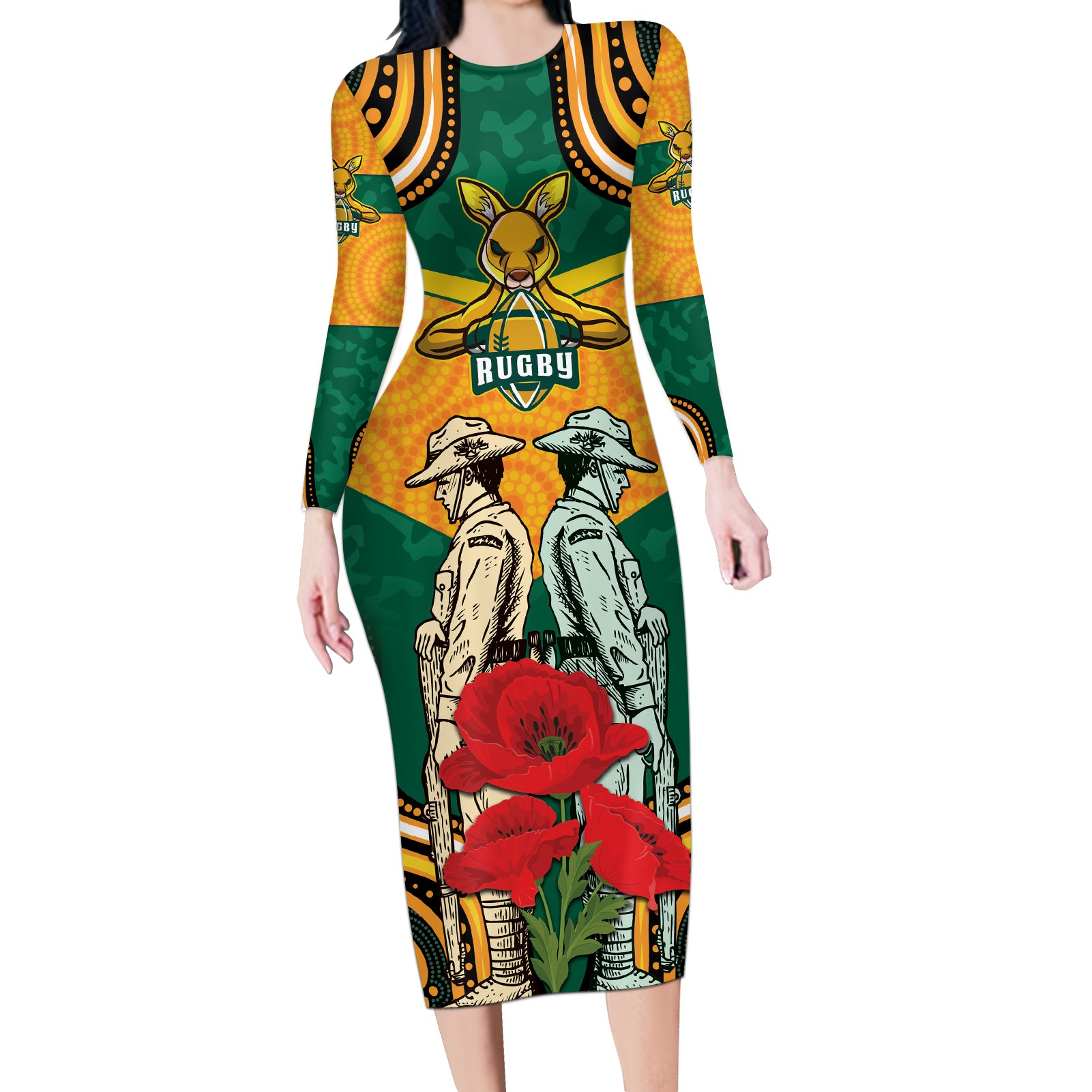 Australia Wallabies Rugby ANZAC Custom Long Sleeve Bodycon Dress Poppy Soldier With Aboriginal Dots Art