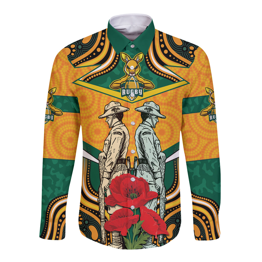 Australia Wallabies Rugby ANZAC Custom Long Sleeve Button Shirt Poppy Soldier With Aboriginal Dots Art - Vibe Hoodie Shop
