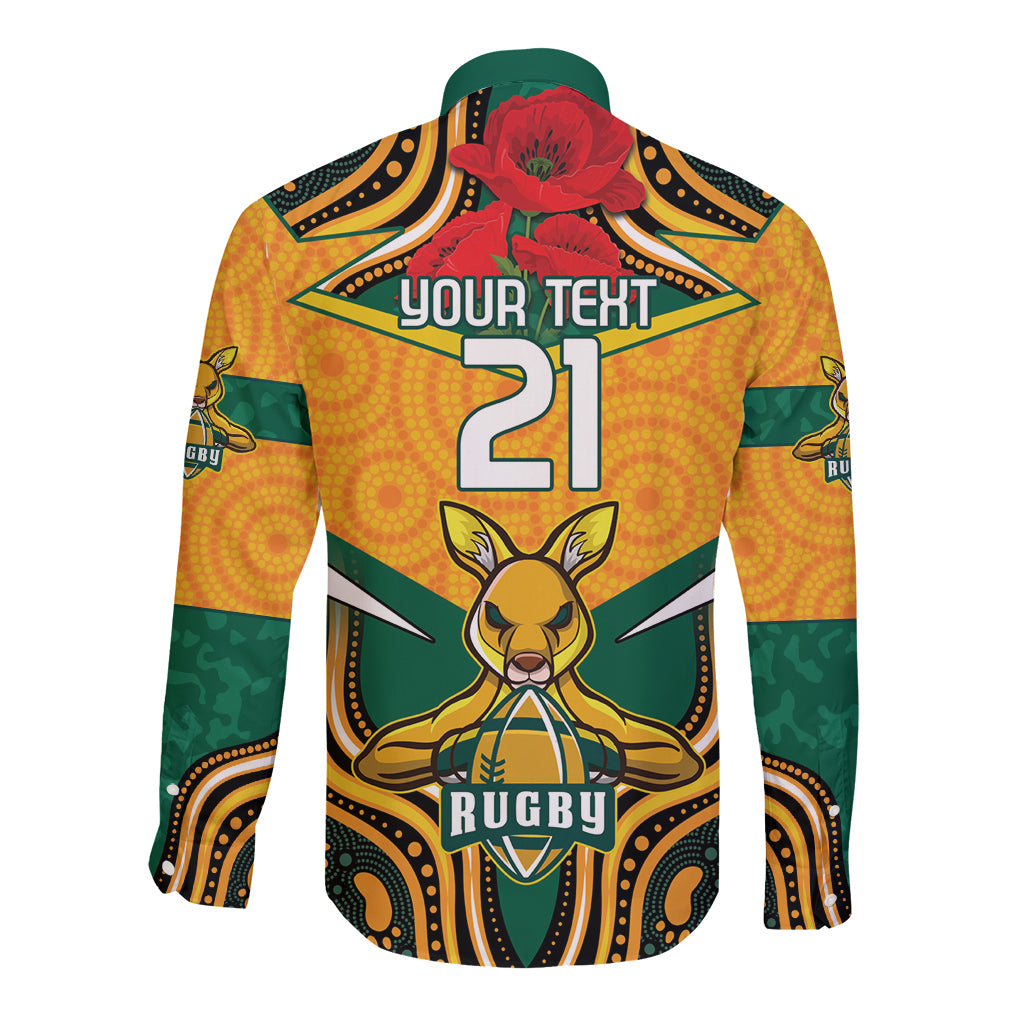 Australia Wallabies Rugby ANZAC Custom Long Sleeve Button Shirt Poppy Soldier With Aboriginal Dots Art - Vibe Hoodie Shop