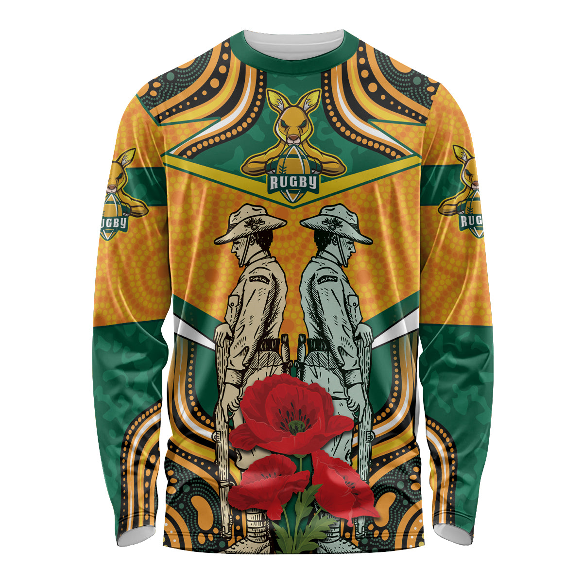 Australia Wallabies Rugby ANZAC Custom Long Sleeve Shirt Poppy Soldier With Aboriginal Dots Art - Vibe Hoodie Shop