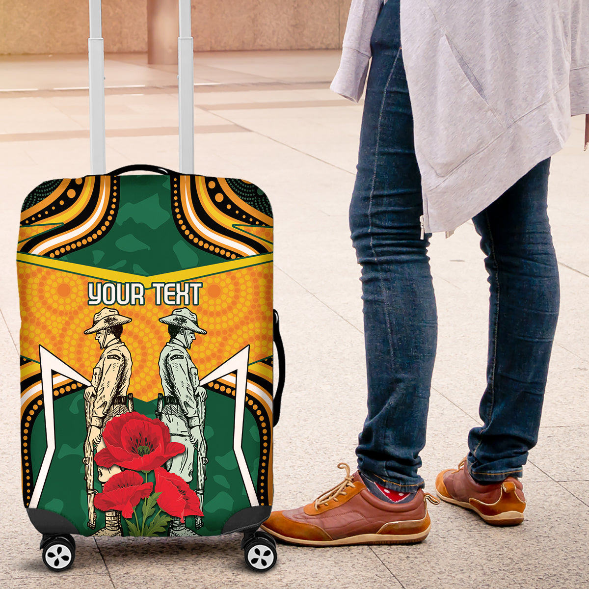 Australia Wallabies Rugby ANZAC Custom Luggage Cover Poppy Soldier With Aboriginal Dots Art - Vibe Hoodie Shop